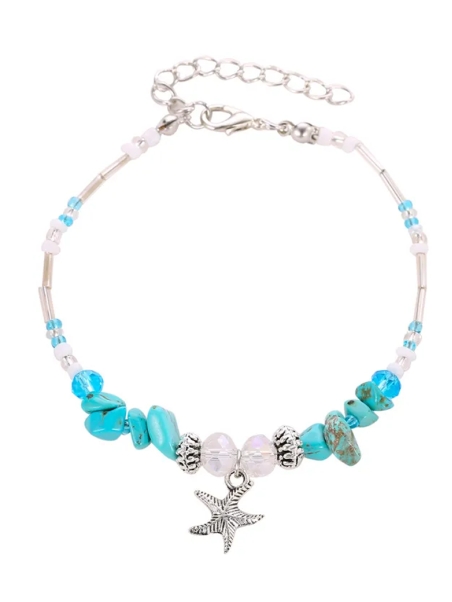 Chaîne de cheville argentée – Étoile de mer & perles turquoise