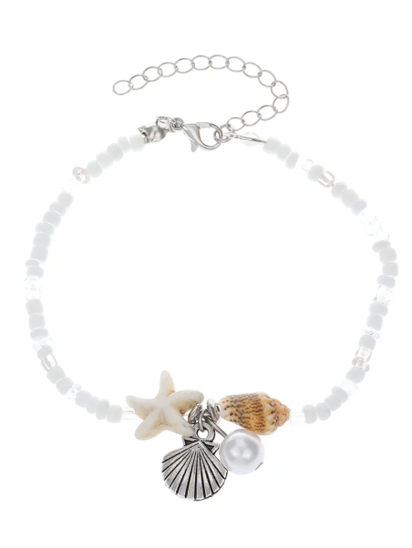 Chaîne de cheville blanche – Étoile de mer, coquillage & perle nacrée