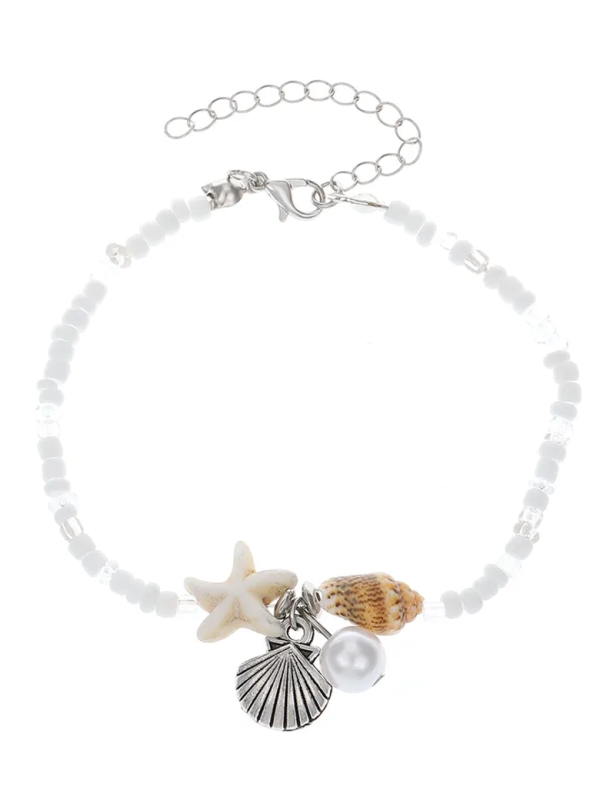 Chaîne de cheville blanche – Étoile de mer, coquillage & perle nacrée