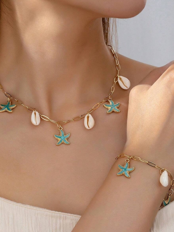 Parure collier et bracelet coquillages & étoiles de mer – 3 coloris au choix