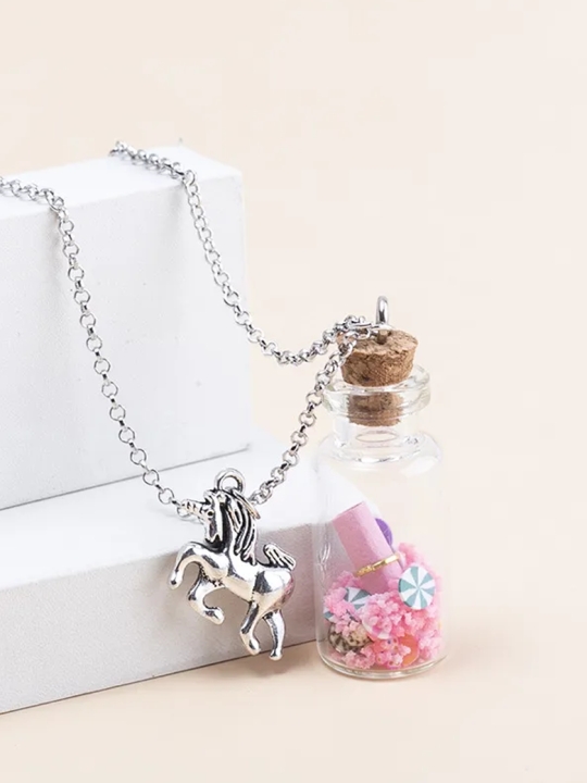 Collier bouteille enchantée & pendentif licorne argentée