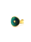 Bague dorée acier inoxydable pierre vert émeraude gravée soleil