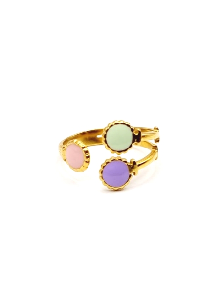 Bague dorée ajustable trois pierres pastel – rose, vert & lilas