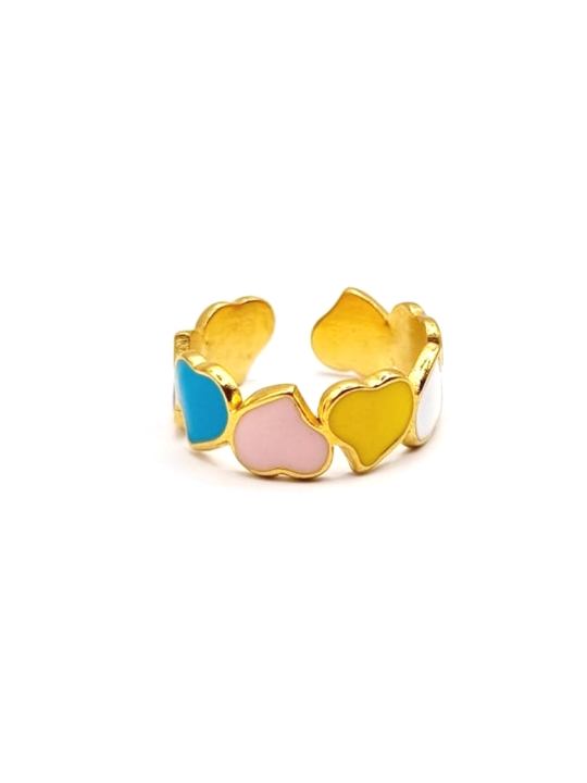 Bague dorée ajustable cœurs multicolores – style émaillé pastel