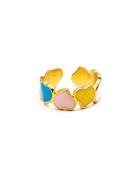 Bague dorée ajustable cœurs multicolores – style émaillé pastel