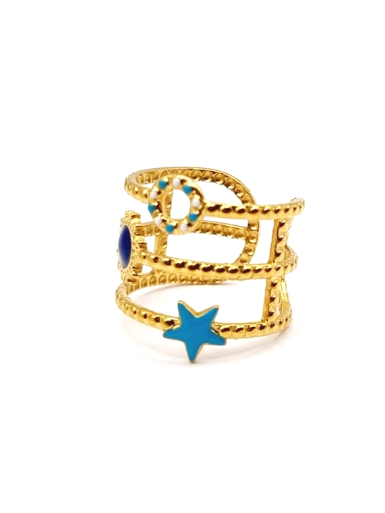 Bague dorée étoile turquoise & strass – inspiration céleste bohème