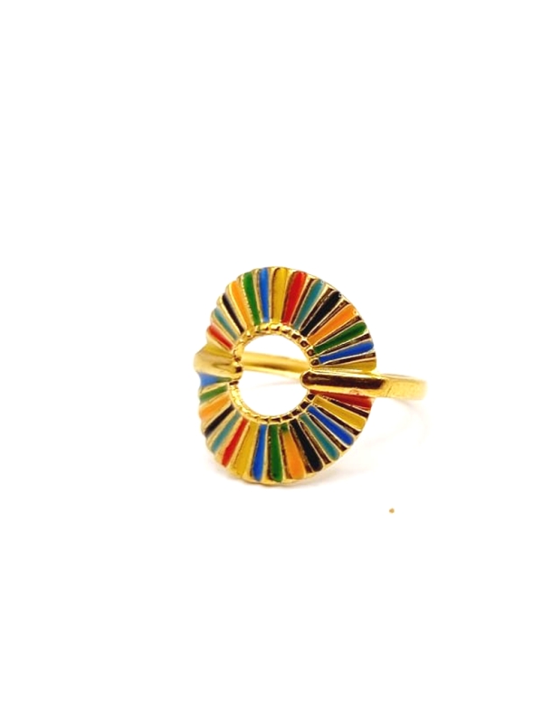 Bague dorée éventail multicolore – style graphique et ensoleillé