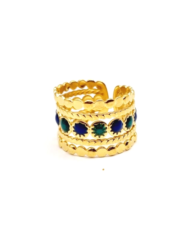 Bague large dorée motifs bleus et verts – bijou bohème chic ajustable