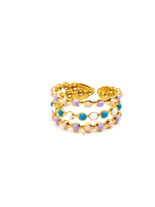Bague dorée perles multicolores pastel – bijou ajustable tendance