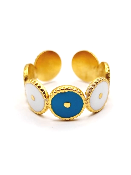 Bague dorée pastilles bleues et blanches – style bohème chic
