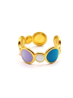 Bague dorée trio de pierres émaillées bleu turquoise, blanc et violet