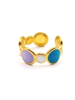 Bague dorée trio de pierres émaillées bleu turquoise, blanc et violet