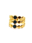Bague dorée triple rang à pastilles et pierres vert émeraude