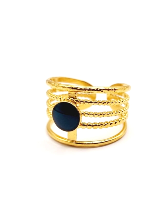 Bague dorée multi-rangs avec pierre noire ronde – look chic et minimaliste