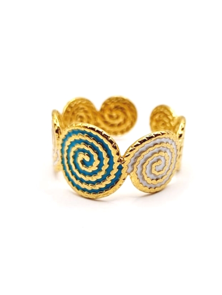 Bague dorée spirales turquoise & blanche – inspiration graphique et estivale