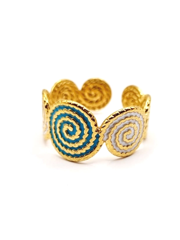Bague dorée spirales turquoise & blanche – inspiration graphique et estivale