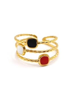 Bague dorée triple rangs – pastilles noire, blanche et rouge
