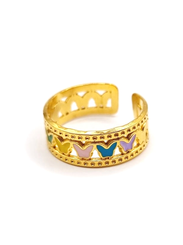 Bague dorée papillons multicolores émaillés – bijou fantaisie coloré