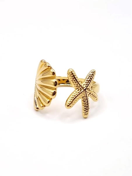 Bague dorée ajustable étoile de mer & coquillage en acier inoxydable