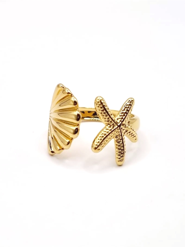 Bague dorée ajustable étoile de mer & coquillage en acier inoxydable