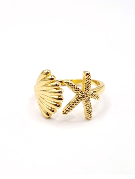Bague dorée coquillage & étoile de mer en acier inoxydable