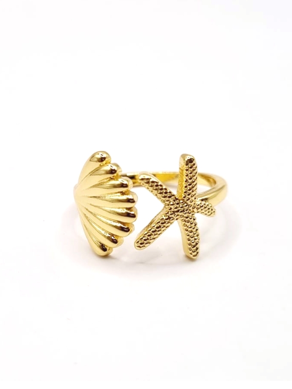 Bague dorée coquillage & étoile de mer en acier inoxydable