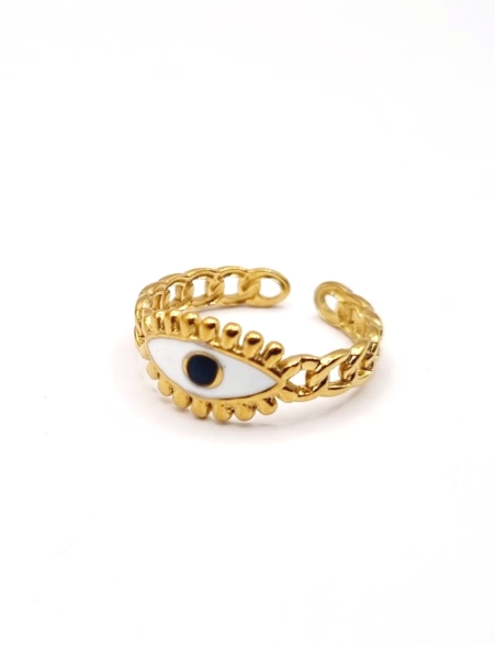 Bague dorée œil protecteur en acier inoxydable – Chaîne stylisée et émail blanc