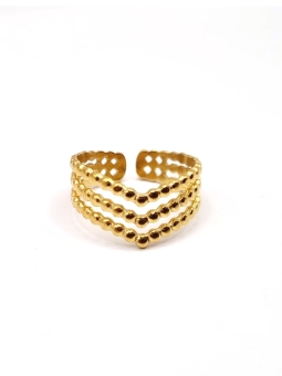 Bague dorée triple rang perlé en acier inoxydable – Élégance texturée et géométrique