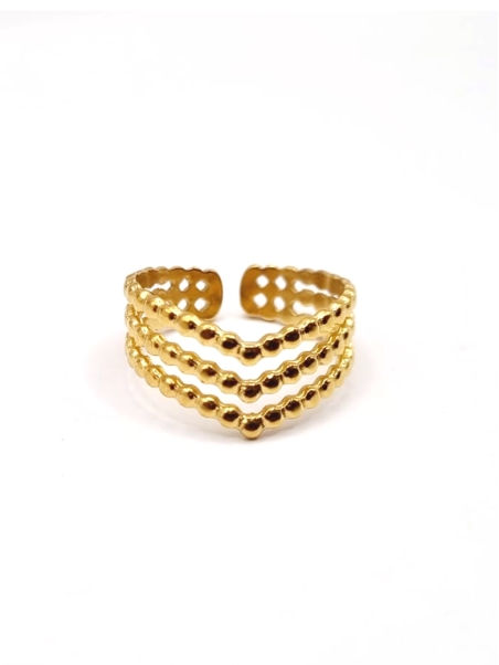 Bague dorée triple rang perlé en acier inoxydable – Élégance texturée et géométrique