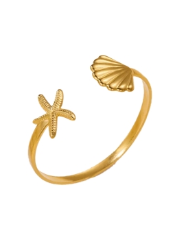 Bracelet Ouvert Étoile de Mer & Coquillage Doré – Charme Marin en Acier Inoxydable
