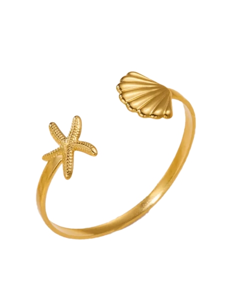 Bracelet Ouvert Étoile de Mer & Coquillage Doré – Charme Marin en Acier Inoxydable