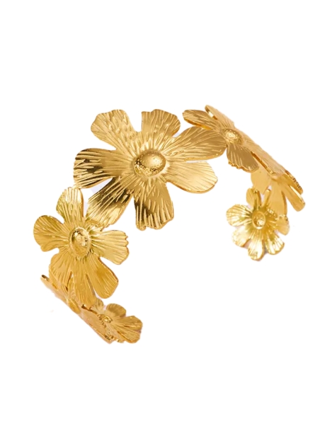 Bracelet Manchette Fleurs Dorées en Acier Inoxydable – Charme Printanier Ajustable
