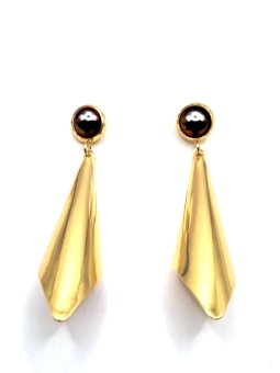 Boucles d'Oreilles Pendantes Dorées & Perle Noire – Élégance Géométrique
