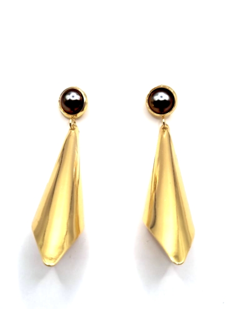 Boucles d'Oreilles Pendantes Dorées & Perle Noire – Élégance Géométrique