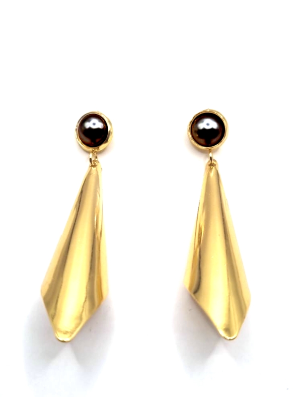 Boucles d'Oreilles Pendantes Dorées & Perle Noire – Élégance Géométrique