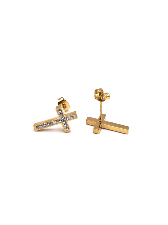 Boucles d’Oreilles Croix Dorées avec Zircons – Acier Inoxydable Intemporel