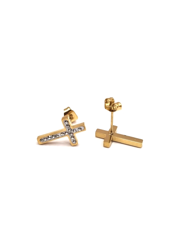 Boucles d’Oreilles Croix Dorées avec Zircons – Acier Inoxydable Intemporel