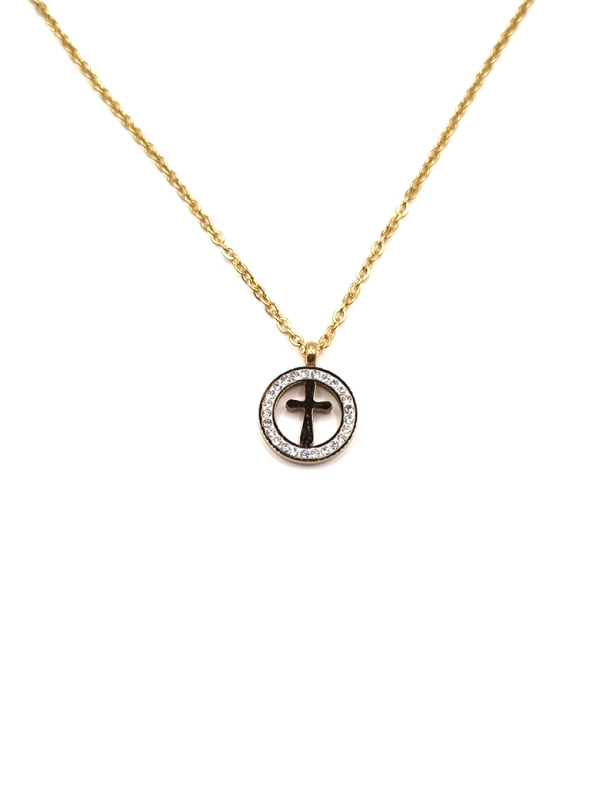Collier Cercle Croix Doré & Zircon – Élégance Spirituelle