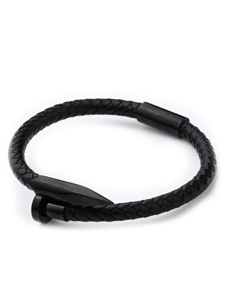 Bracelet Clou Noir Mat et Cuir Tressé – Style Minimaliste et Puissant