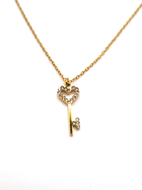 Collier Enfant Clé Cœur Strass – Bijou Étincelant en Acier Inoxydable Doré