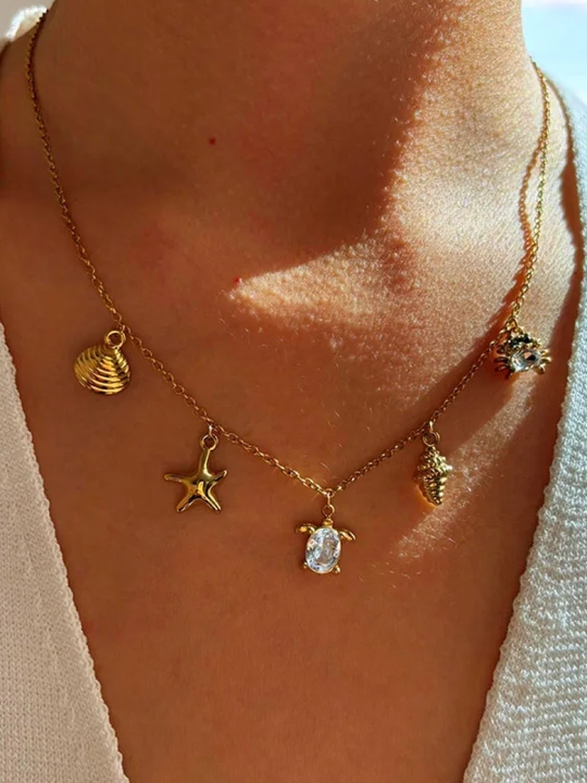 Collier Doré Tendance Breloques Mer et Tortue Cristal en Acier Inoxydable