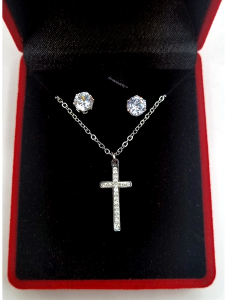 Coffret Collier Croix & Boucles Zircon – Élégance Intemporelle en Acier Inoxydable Argenté