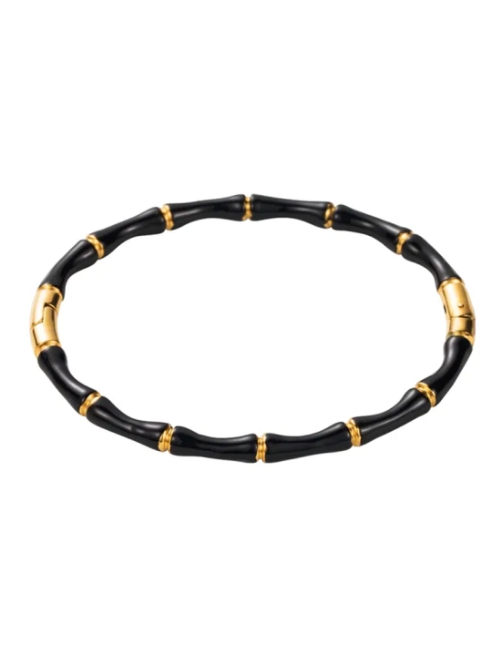 Bracelet Bambou Noir – Jonc Graphique en Résine Noire et Acier Doré