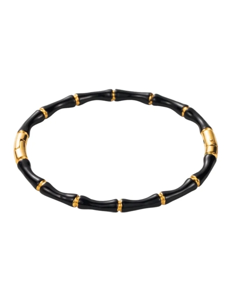 Bracelet Bambou Noir – Jonc Graphique en Résine Noire et Acier Doré
