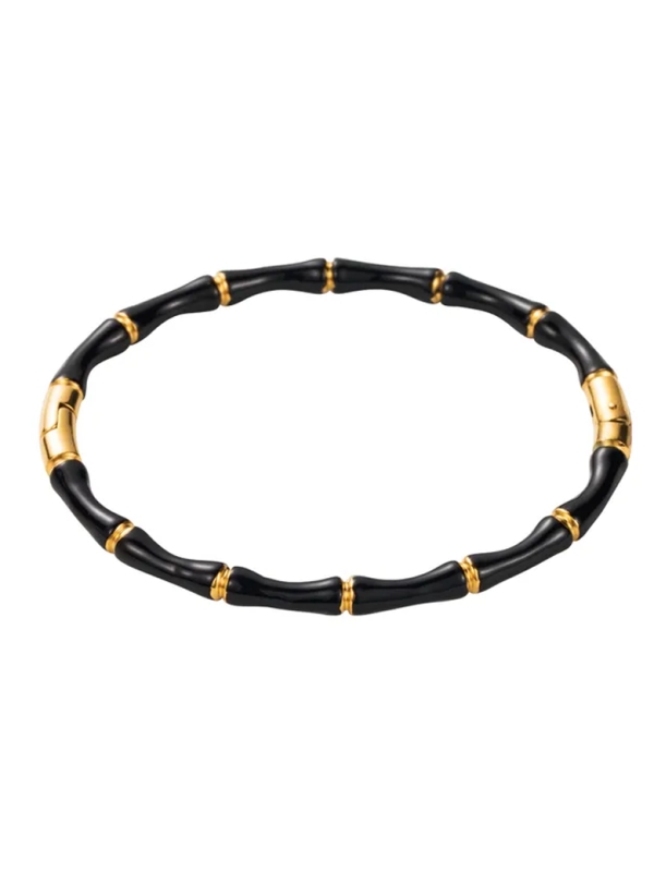 Bracelet Bambou Noir – Jonc Graphique en Résine Noire et Acier Doré