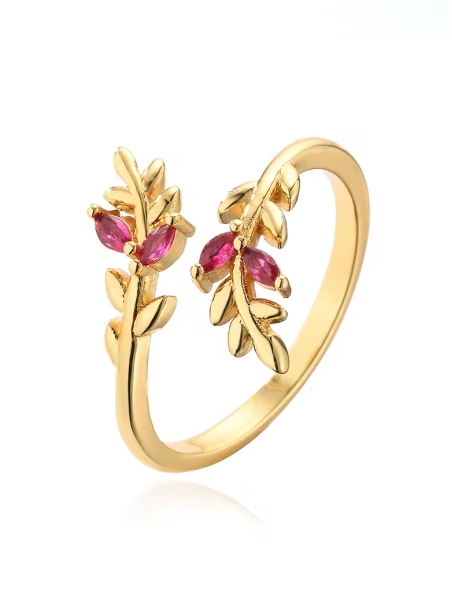 Bague Feuilles Dorées & Strass Roses – Nature et Féminité