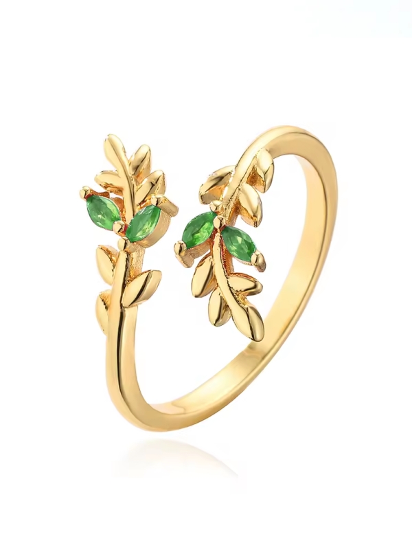 Bague Feuilles Dorées & Strass Verts – Élégance Végétale