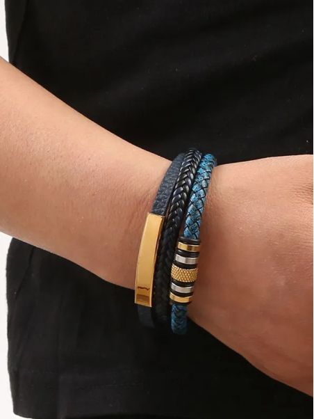 Bracelet homme cuir tressé bleu & acier doré – style urbain 20 cm