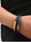 Bracelet homme cuir tressé bleu & acier doré – style urbain 20 cm