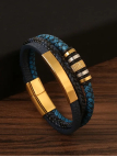 Bracelet homme cuir tressé bleu & acier doré – style urbain 20 cm